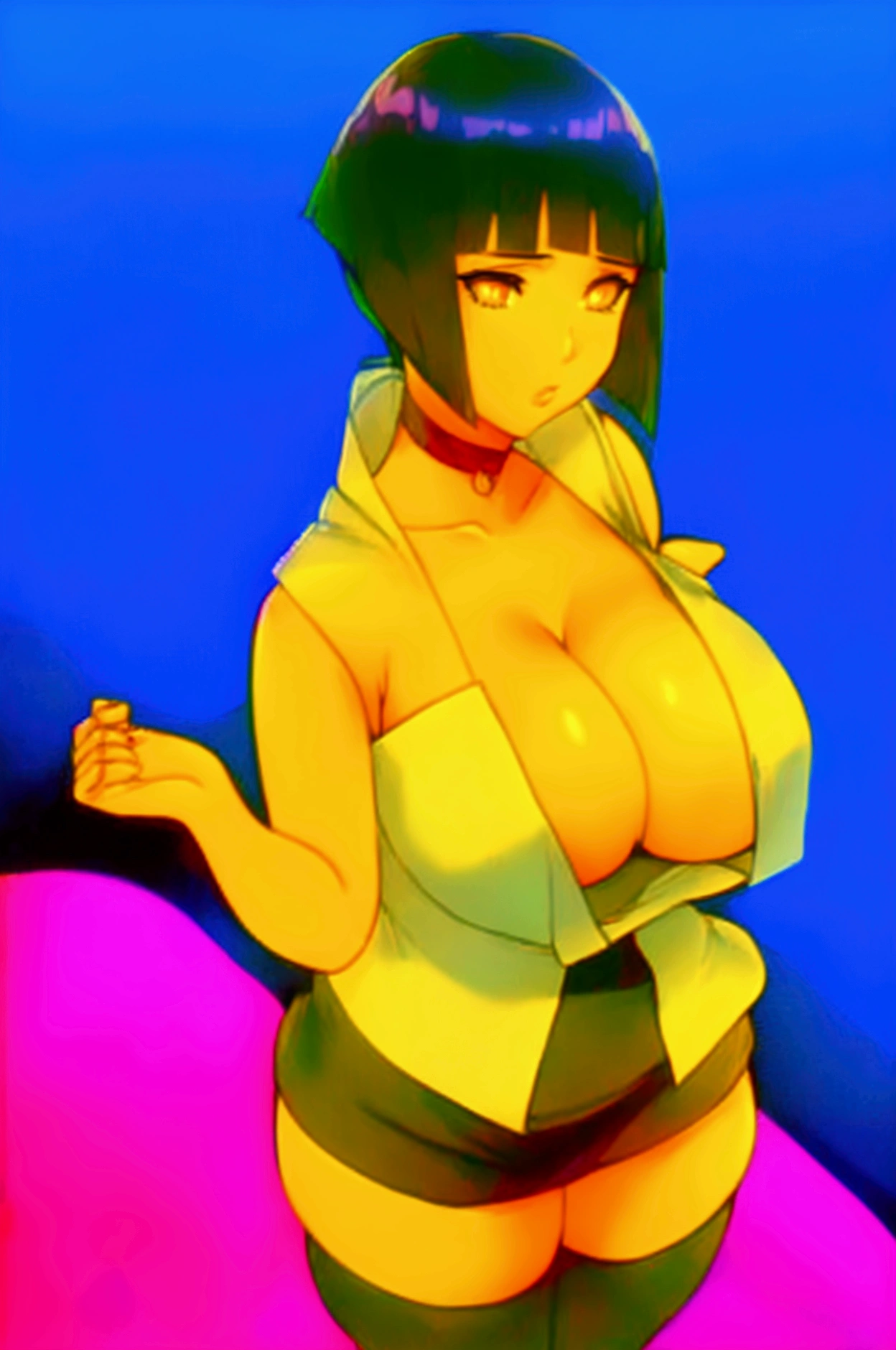 Hinata hyuuga,Enchanced big breast,Wide hips,curvy figure,((Strapless thin shirt with cleavage)),low rise yoga pants,undercut Bob hair,Cleavage,Thick lips,Saggy breast,Solo,gold Vertical bar earring,Wedding ring,Human anatomy,Milf,1girl,Solo,((Shoulderless)),Sleeveless,Hyper quality,normal color,modern anime artstyle