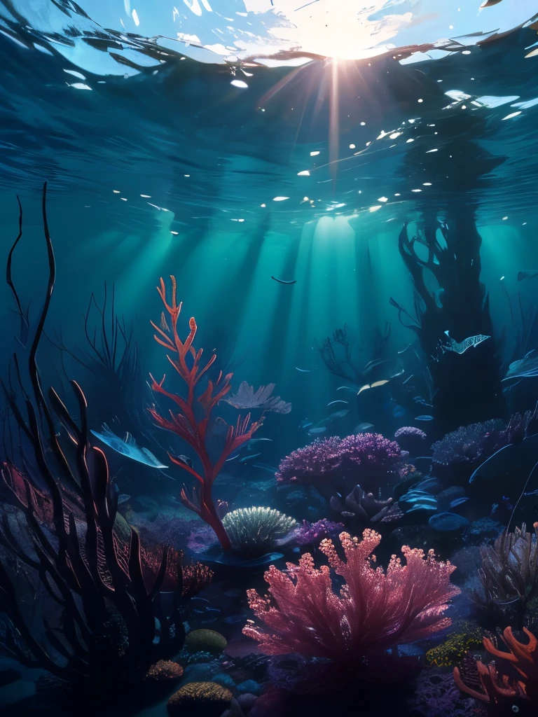 sunlight shining through the seaweed in a large aquarium, a photo by Carl Rahl, flickr, conceptual art, kelp forest, kelp and moss all over, tall kelp, kelp, sea kelp, deep colours. ”, seaweed and bubles, floating kelp, great light and shadows”, underwater perspective, sea weed, overwhelming depth and detail, seaweed