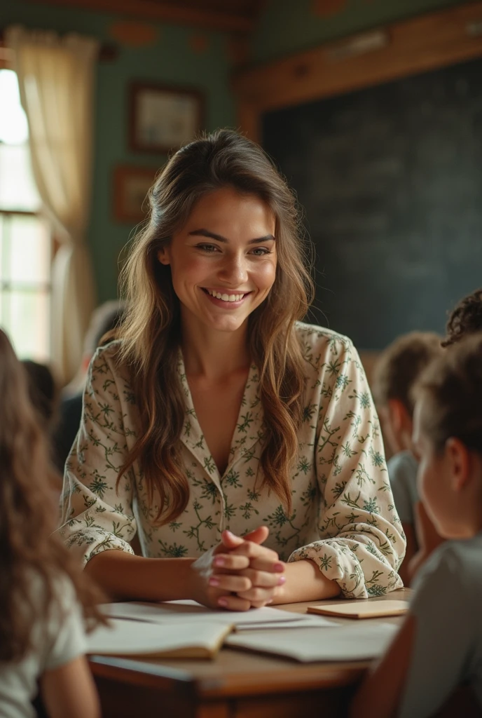 A captivating vintage portrait of a young, beautiful woman teaching a small group of eager children in a rustic schoolhouse, transporting us back to the 1980s. She is exquisitely dressed in a floral blouse, her gentle gestures and warm smile creating an inviting atmosphere. Surrounded by simple wooden desks and books, she imparts knowledge on reading, writing, and arithmetic. The soft lighting casts a gentle glow on her delicate features and sculpted form, while the overall ambiance evokes a sense of warmth, love, and education.