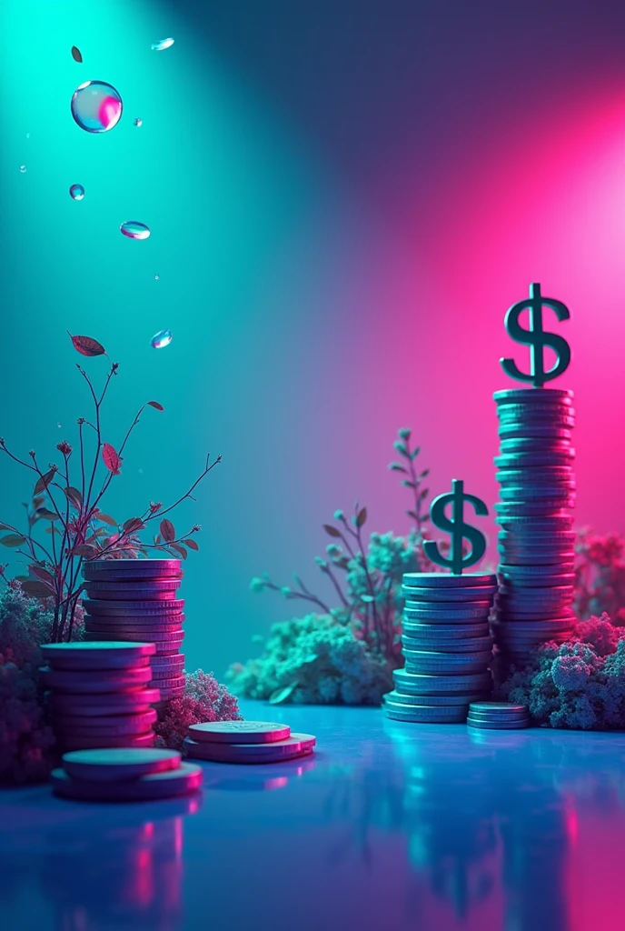 "Create a high-resolution, vibrant background image with a dynamic gradient or abstract design featuring an array of bright, contrasting colors such as electric blue, neon green, and vivid magenta. Ensure that the entire background is highly detailed and visually striking, with no elements being blurred or out of focus. Integrate large, prominent icons of TikTok, YouTube, and Kwai apps, ensuring they are exceptionally clear, high-resolution, and sharply defined. Include bold and detailed symbols of financial success, with a strong emphasis on dollar signs ($), stacks of bills, or currency icons, ensuring these elements are particularly prominent and crisply rendered. Arrange these elements harmoniously within the background to convey a theme of financial success and video content creation. The overall design should be sleek, modern, and highly vibrant, with all icons and symbols sharply contrasted against the background, avoiding any text or written elements. Ensure that every part of the image is perfectly sharp and clear, with no blurring or lack of focus."