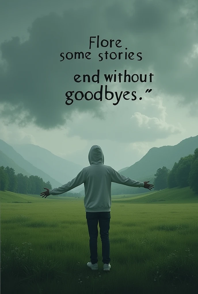 Create a scene where a person stands amidst a vast, lush green field, surrounded by a serene and moody landscape. The person is dressed in a white hoodie, slightly turned away, with arms outstretched, embracing the natural surroundings. The sky above is overcast with thick clouds, adding a dramatic touch to the atmosphere. In large, bold text overlay, include a poignant phrase like "Some Stories End without Goodbyes" to evoke a sense of reflection and contemplation. The overall mood is calm yet introspective, with a blend of nature's beauty and the quiet strength of solitude. Realistic 
