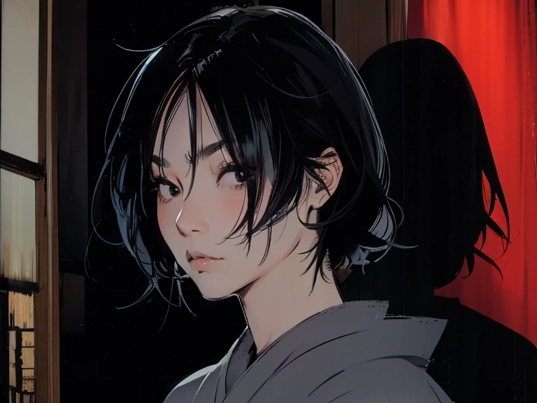 Black Hair、Cold look:1.5、Japanese woman in her 30s、Dark Background、One Cool Lady:1.2、Sharp Eye、night、Sad face、whole photo、Cool pose、Transparent woman、Black Eyes、