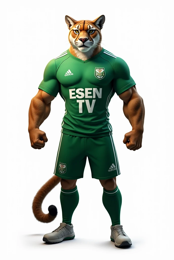 Full body puma, WITH WHITE BACKGROUND, wearing a green and white sports uniform that says ESEN TV 
