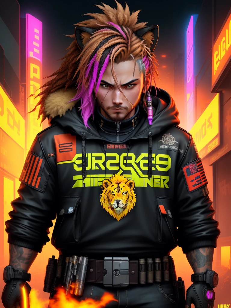 a close up of a poster of a lion head, lion face, gunner, gunbreaker, neonpunk, cyberpunk face, gungnir, gmunk, cyberpunk style color, cyberpunk futuristic neon, gunbroker, glitchpunk, cyberpunk soldier, cmyk portrait, in style of apex legends, cyberpunk gunma prefecture, cyberpunk vibrant colors, gunslinger, hardcore, strong enegry image, color cool,