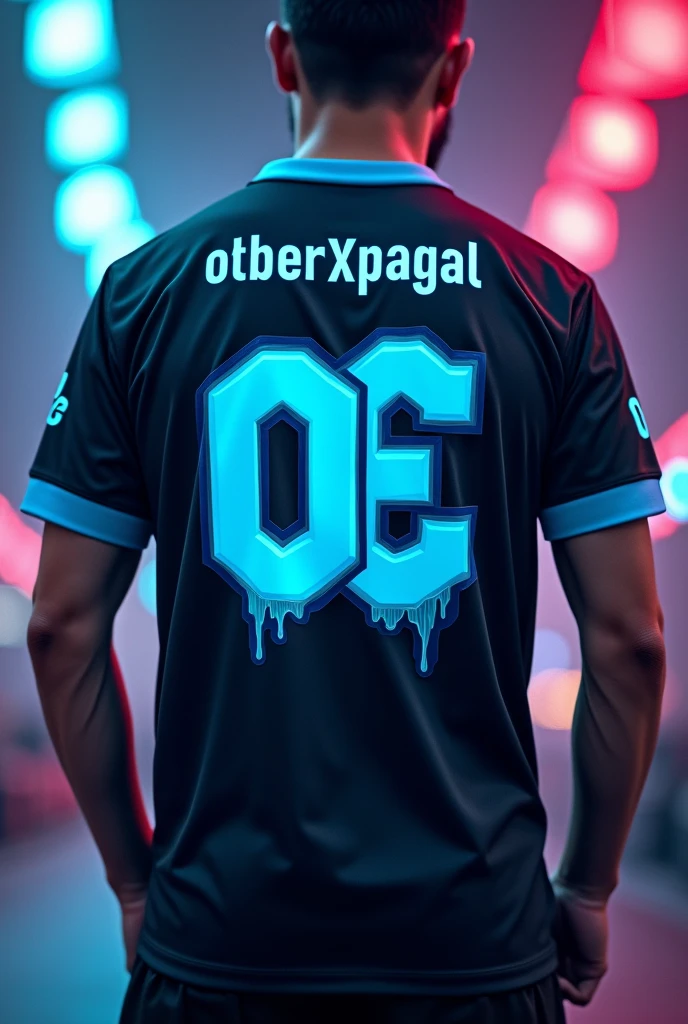Creat a esports jersey back side .With player name OBBERxpagal in top and WRITE OE AS A LOGO IN downward in icy color