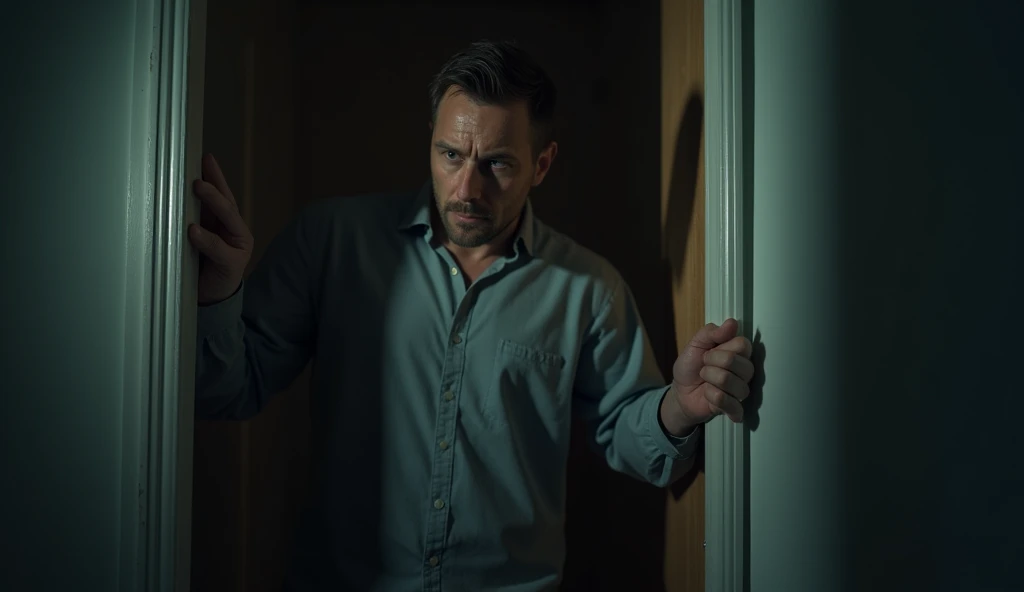 A suspenseful scene where a man hesitates at the door, hearing the familiar voice of his wife calling from outside.
