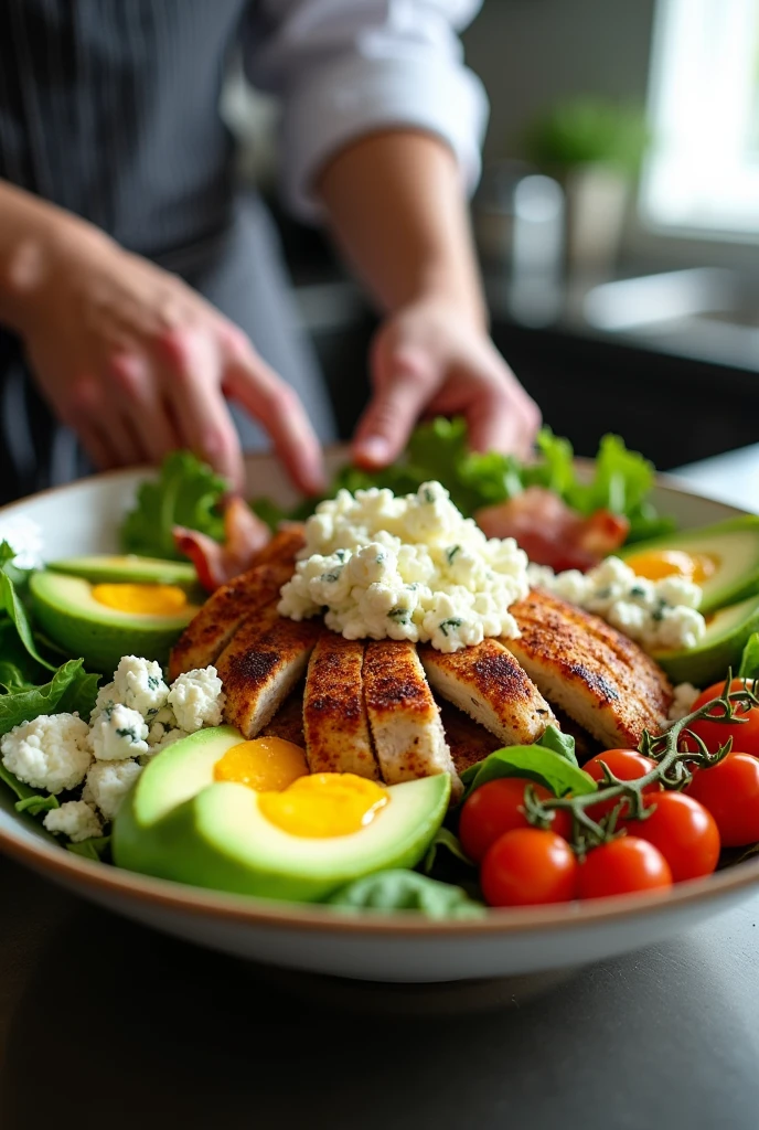 Create a dynamic cooking video showcasing the preparation of a gourmet Cobb salad. Start with fresh ingredients: leafy greens, ripe avocados, juicy cherry tomatoes, crispy bacon, and a perfectly soft-boiled egg. Show the process of grilling seasoned chicken to perfection, slicing it into tender strips, and arranging the salad ingredients in a large bowl. Capture the richness of the blue cheese crumbles and the smoothness of the avocado slices as they’re added. Finish with a drizzle of a tangy dressing, highlighting the vibrant colors and textures of the dish. Use close-ups and slow-motion shots to emphasize the freshness and quality of the ingredients