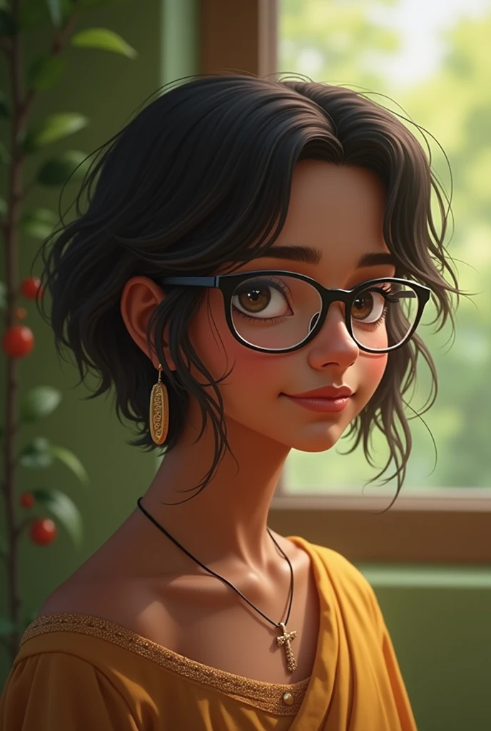 Create a girl 1 Christian with glasses wolf cut brown white skin tone indian 18 year age