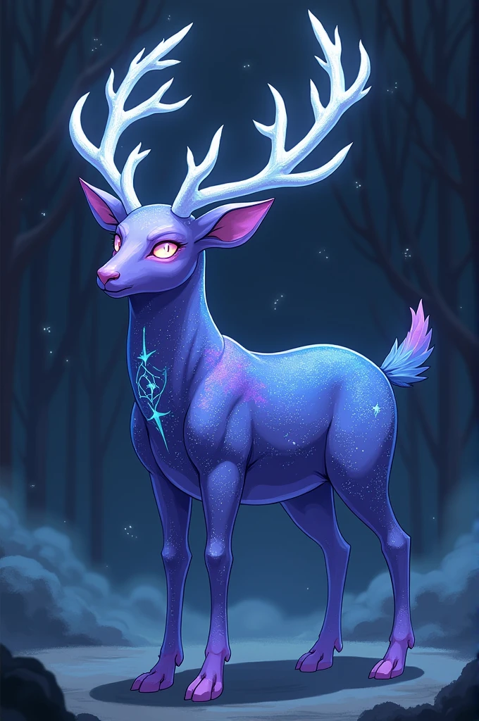 an adult mystical deer with a body covered in a celestial pattern resembling a starry sky. Its horns are wide and adorned in white, similar to tree branches, and its coat has shades of blue and purple. Your eyes radiate a soft light, with an expression of superiority, It displays small luminous details all over its body. For the anime style version "Tate no Yuusha", imitating the pokemon Xerneas, in a macabre and serious style.