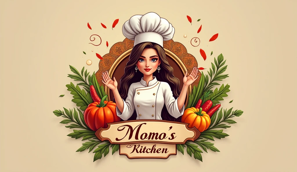 Create a highly detailed photorealistic 8K logo for "Momo's Kitchen," focused on Pakistani-style cuisine with a female-oriented design. The logo should feature a chef character, incorporating warm colors and appetizing ingredients like vegetables. Include steam or smoke effects, intricate patterns, and detailed Pakistani ornamental elements. The text should be styled with detailed calligraphy, reflecting a natural, dynamic composition. Ensure the design is both elegant and inviting, resonating with the feminine theme of the brand.