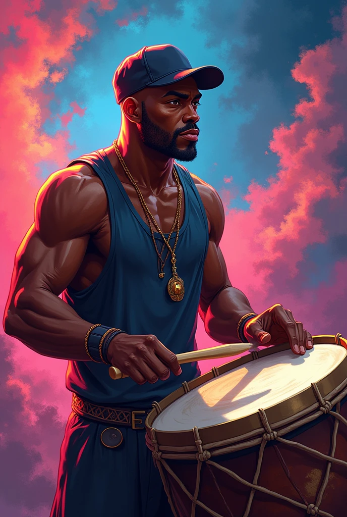 Animated picture of dark-skinned man without hair wearing a cap playing the kettledrum