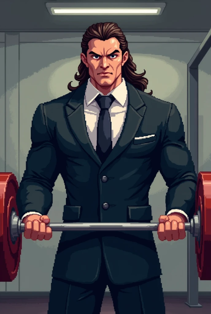 A pixel art style image of a man in a suit with long hair lifting weights at the gym. The man is in a weightlifting pose, with tense muscles and a face showing great strength and effort.

He's wearing an elegant suit, Dark in color, such as black or navy blue, that should look fitted and appropriate for the occasion. Long hair is detailed with different shades of brown or black. The man&#39;s facial expression is intense, with frowning eyes and slightly open mouth, highlighting physical effort.

THE BACKGROUND IS SIMPLE, with neutral colors or a basic gym environment to keep the focus on the character. Lighting should highlight the man and the weights, with shadows to add depth and realism to the scene.