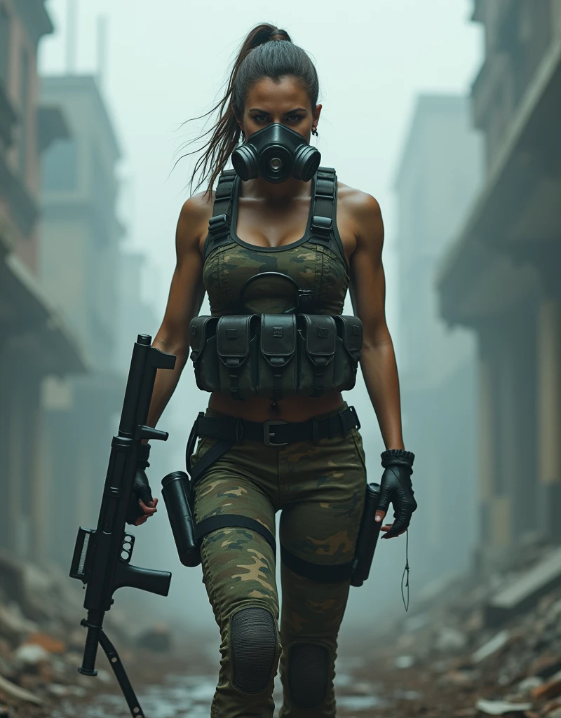 (Photorealism:1.2), sexy armed woman, A female soldier wearing a gas mask patrols a fog-filled ruin.