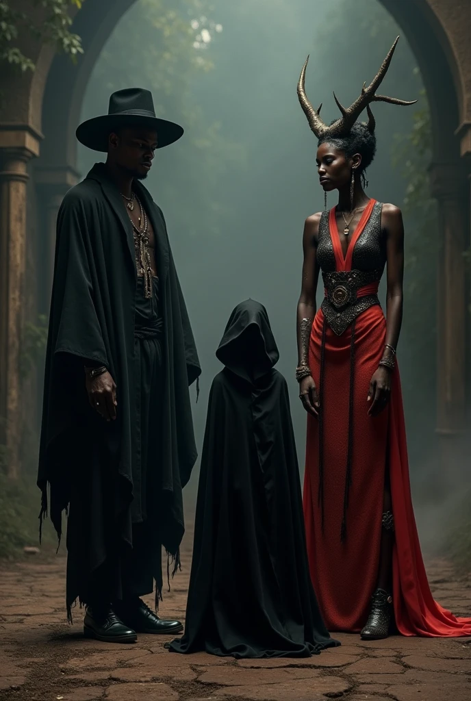 Create an image of Exu with black clothing and a black hat, next to him a Pombagira with a red dress and black details. To complement the trio, a black child with a black cape and hood