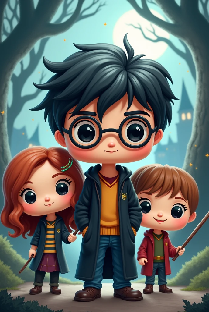 Harry potter drawing funko pip, add hermione and his other friend
