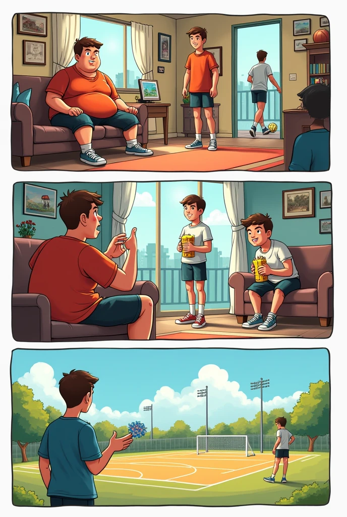 cartoon: "Get active and live!"
Viñeta 1: The Sedentary Life
(Image: Alex sitting on the couch, surrounded by snacks and watching television.)
Dialogue:
Alex: "I have no energy for anything... I just want to stay here."
Viñeta 2: The Invitation
(Image: Sara enters Alex&#39;s house, with a soccer ball in his hand and a smile.)
Dialogue:
Sara: "Hello, Alex! What are you doing? Let&#39;s go to the sports club! It is fun."
Viñeta 3: The First Attempt
(Image: Alex on the sports field, a little nervous, while other kids play.)
Dialogue:
Alex: "I don&#39;t know if I can do it... I&#39;ve never played before."
Sara: "Just have fun! Everyone is here to learn."
Viñeta 4: Discovering Sport
(Image: Alex running after the ball, with an expression of emotion.)
Narration: "With each pass, Alex feels his energy growing."
Dialogue:
Alex: "This is great! I feel more alive."
Viñeta 5: El coach
(Image: A coach encouraging Alex and other boys.)
coach: "Well done, equipment! Remember, Sport improves our health and unites us."
Viñeta 6: The Challenge
(Image: Alex in a competition, with a group of friends cheering him on from the finish line.)
Dialogue:
Alex: "I can do it! I&#39;ve worked hard to get here."
Viñeta 7: The Celebration
(Image: Alex with a medal, Smiling and celebrating with Sara and the coach.)
Dialogue:
Alex: "Thanks for motivating me. Sport is amazing!"
Sara: "I knew you would make it!"
Viñeta 8: Final Reflection
(Image: Alex and Sara sitting in a park, talking and laughing.)
Narration: "Now, Alex has discovered that physical activity not only improves his health, but also brings joy and new friendships."
Dialogue:
Alex: "Get active and live! I will never be sedentary again." CREATE EVERY IMAGE 