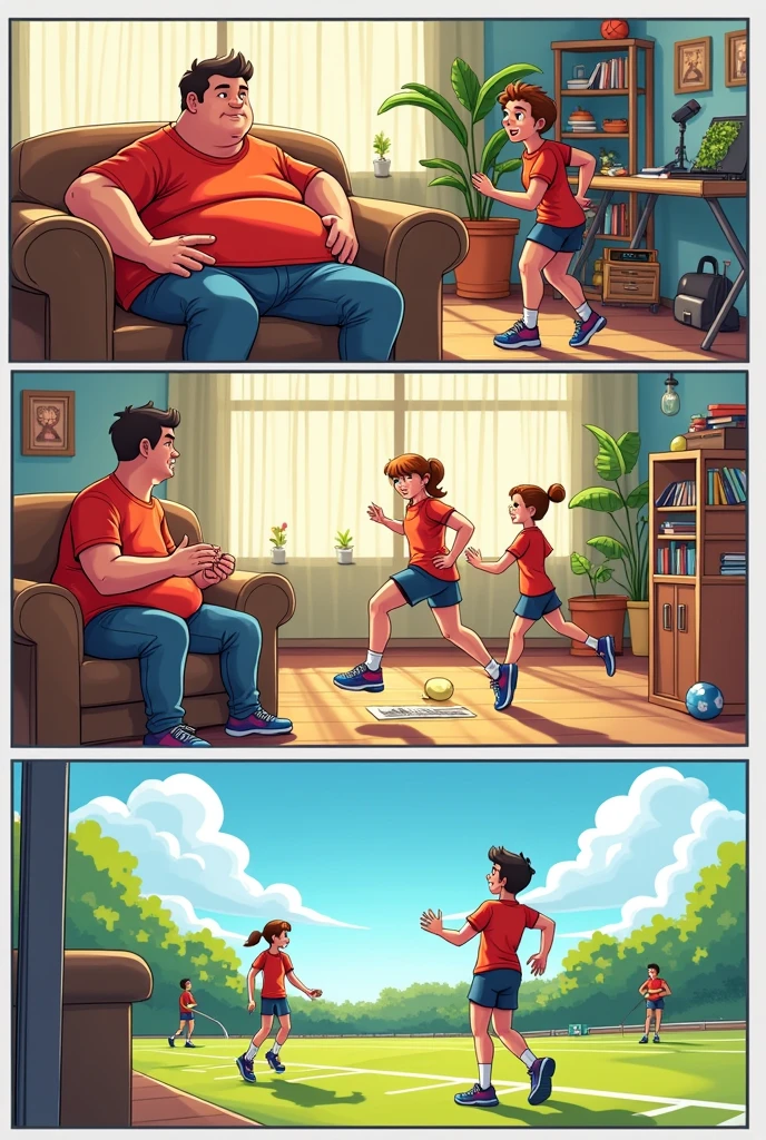 cartoon: "Get active and live!"
Viñeta 1: The Sedentary Life
(Image: Alex sitting on the couch, surrounded by snacks and watching television.)
Dialogue:
Alex: "I have no energy for anything... I just want to stay here."
Viñeta 2: The Invitation
(Image: Sara enters Alex's house, with a soccer ball in his hand and a smile.)
Dialogue:
Sara: "Hello, Alex! What are you doing? Let's go to the sports club! It is fun."
Viñeta 3: The First Attempt
(Image: Alex on the sports field, a little nervous, while other kids play.)
Dialogue:
Alex: "I don't know if I can do it... I've never played before."
Sara: "Just have fun! Everyone is here to learn."
Viñeta 4: Discovering Sport
(Image: Alex running after the ball, with an expression of emotion.)
Narration: "With each pass, Alex feels his energy growing."
Dialogue:
Alex: "This is great! I feel more alive."
Viñeta 5: El coach
(Image: A coach encouraging Alex and other boys.)
coach: "Well done, equipment! Remember, Sport improves our health and unites us."
Viñeta 6: The Challenge
(Image: Alex in a competition, with a group of friends cheering him on from the finish line.)
Dialogue:
Alex: "I can do it! I've worked hard to get here."
Viñeta 7: The Celebration
(Image: Alex with a medal, Smiling and celebrating with Sara and the coach.)
Dialogue:
Alex: "Thanks for motivating me. Sport is amazing!"
Sara: "I knew you would make it!"
Viñeta 8: Final Reflection
(Image: Alex and Sara sitting in a park, talking and laughing.)
Narration: "Now, Alex has discovered that physical activity not only improves his health, but also brings joy and new friendships."
Dialogue:
Alex: "Get active and live! I will never be sedentary again." CREATE EVERY IMAGE