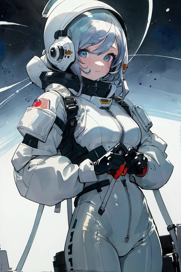 (8K, best quality, masterpiece:1.2),(best quality:1.0), (Ultra-high resolution:1.0), watercolor, A beautiful woman, Shoulder , Extremely bright design, Soft colors, (ink:1.3), Lights from space, Latex tight space suit, Black gloves, White pants, helmet, Fit