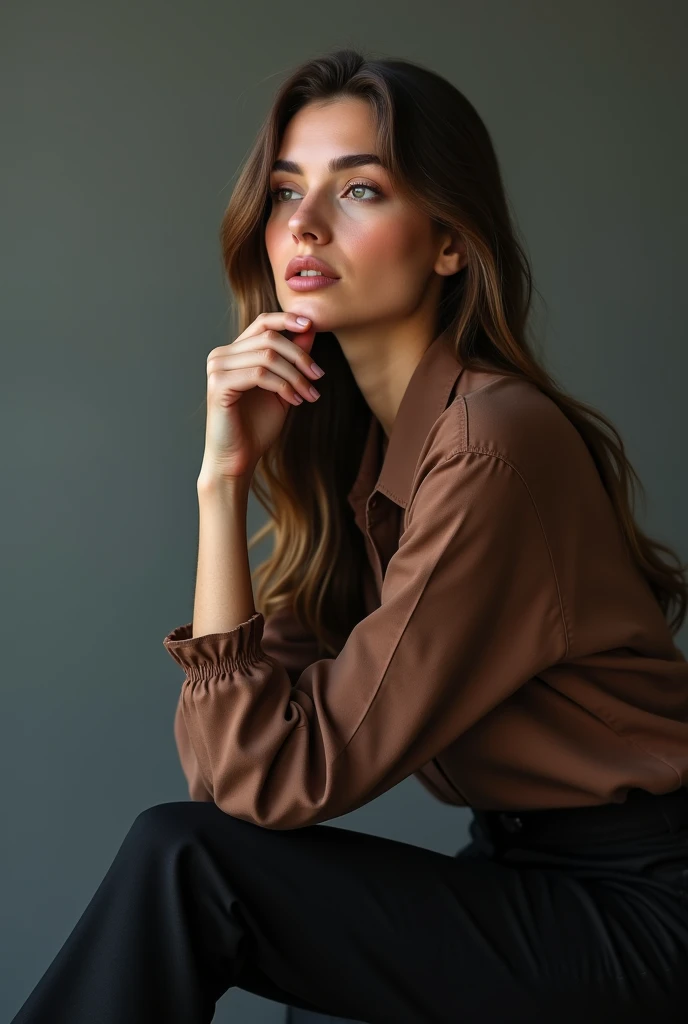 A white woman, long brown hair, WEARING BLACK PANTS, brown blouse, sitting on a black chair.