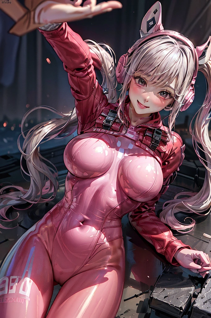 alice \(NOD\), (pink bodysuit:1.5), animal ear headphones, shiny clothes, twintails, The color of the bodysuit is pink and uniform., (masterpiece, Highest quality:1.3), (Super detailed:1.4), (Super detailed顔:1.2), (Super detailed目:1.2), (hyperRealistic:1.3), (RAW Photos:1.2), High-definition RAW color photos, Professional photos, (PhotoRealistic:1.4), (Realistic:1.4), 8k, Professional Lighting, Perfect Anatomy, BREAK, (Big Breasts:1.4), (blush:1.2), (Bright smile:1.3), detail, Sharp focus, dramatic, dutch angle, (Sexy gravure pose:1.2), ruins, 1 person,