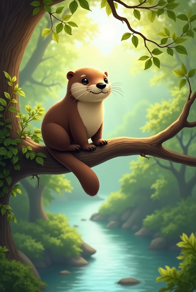 An otter named chupa is sitting on a tree canopy with a river below.、cute、digital art、photo、