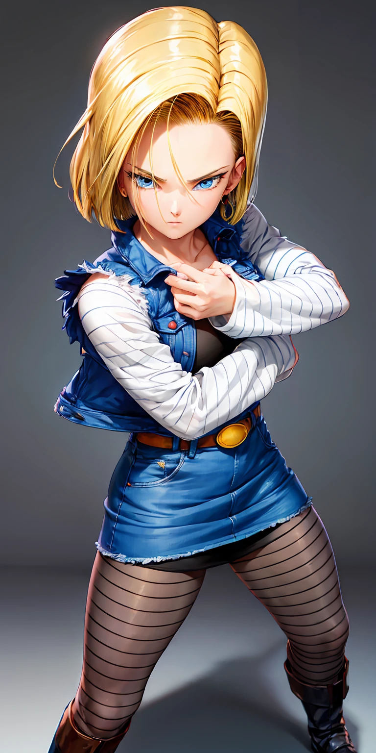 masterpiece:1.2, high quality, best quality, no background, white background, and18, 1girl, android 18, solo, blonde hair, blue eyes, short hair, earrings, jewelry, denim vest, open vest, black pantyhose, black shirt, denim skirt, striped long sleeves, blue skirt, medium breasts, stfighting stance, shoot from front, cowboy shot,
