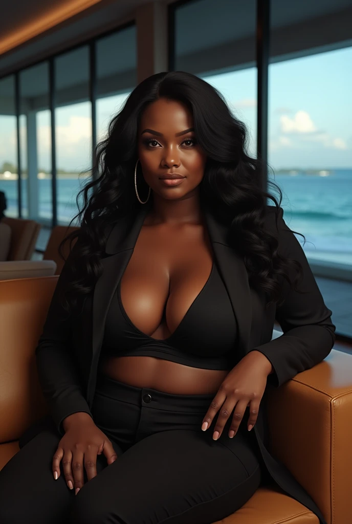 ultra High resolution cyber realistic full portrait of a powerful Dark chocolate brown skinned toned melanin bbw plus size
, curvaceous woman long beautiful flowing hair exuding a findom persona exuding with an intense, hypnotic gaze. long black hair, sitting in a large luxury modern living room, tan furniture, dark lighting, day, panoramic view of Hawaii out of the window, wearing gucci