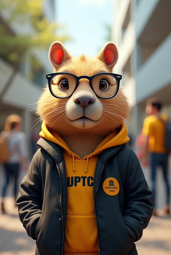 A capybara student with glasses and a black and yellow uniform and the logo says uptc 