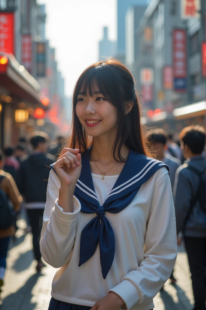 Shoot people in the style of modern street photography, capturing the dynamic and frank nature of city streets. The character is a Japanese high school girl who wears a sailor costume. The background should be a bustling city street where architecture, street art and people are intertwined. As she smiles in the early fall morning light, the figure should be captured in a natural, unposed moment, perhaps looking at something in the distance or interacting with her surroundings. The light should be natural, mixing sunlight and city lights to create a lively atmosphere.