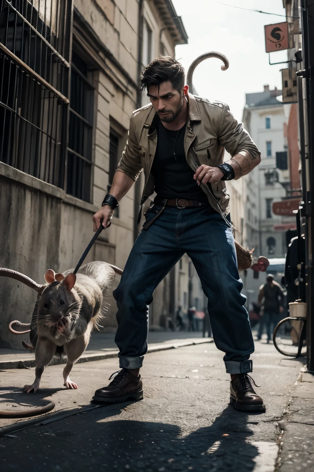 Create a man fighting a rat a real rat
