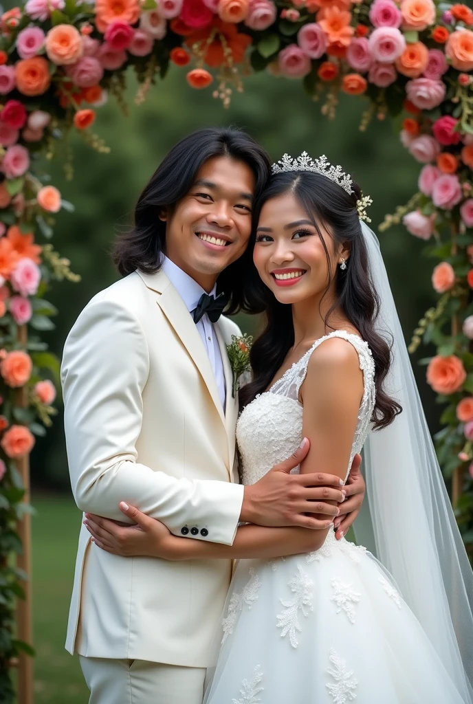 Real pinoy couple boy long hair straight and girl wearing wedding standing say cheese with arounding flowers