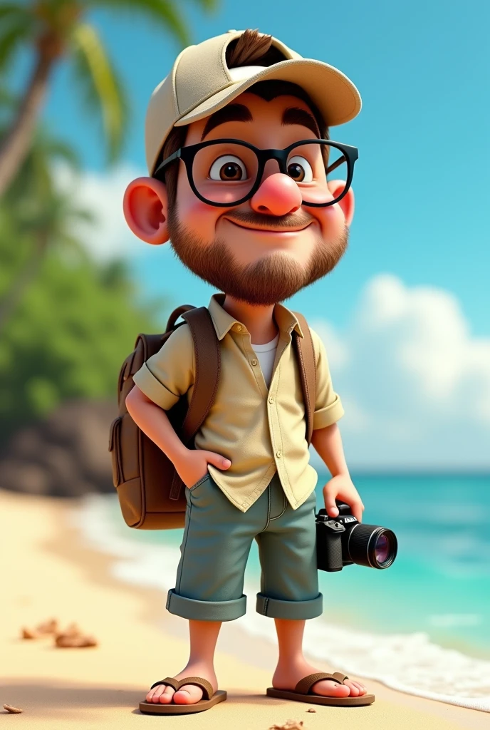 3d caricature, head with , photo of a photographer wearing a backwards hat and thick glasses, reddish nose, chubby cheeks, some width of beard, Hawaiian beach clothes, 3/4 trousers, flip flops, carrying a camera and backpack
