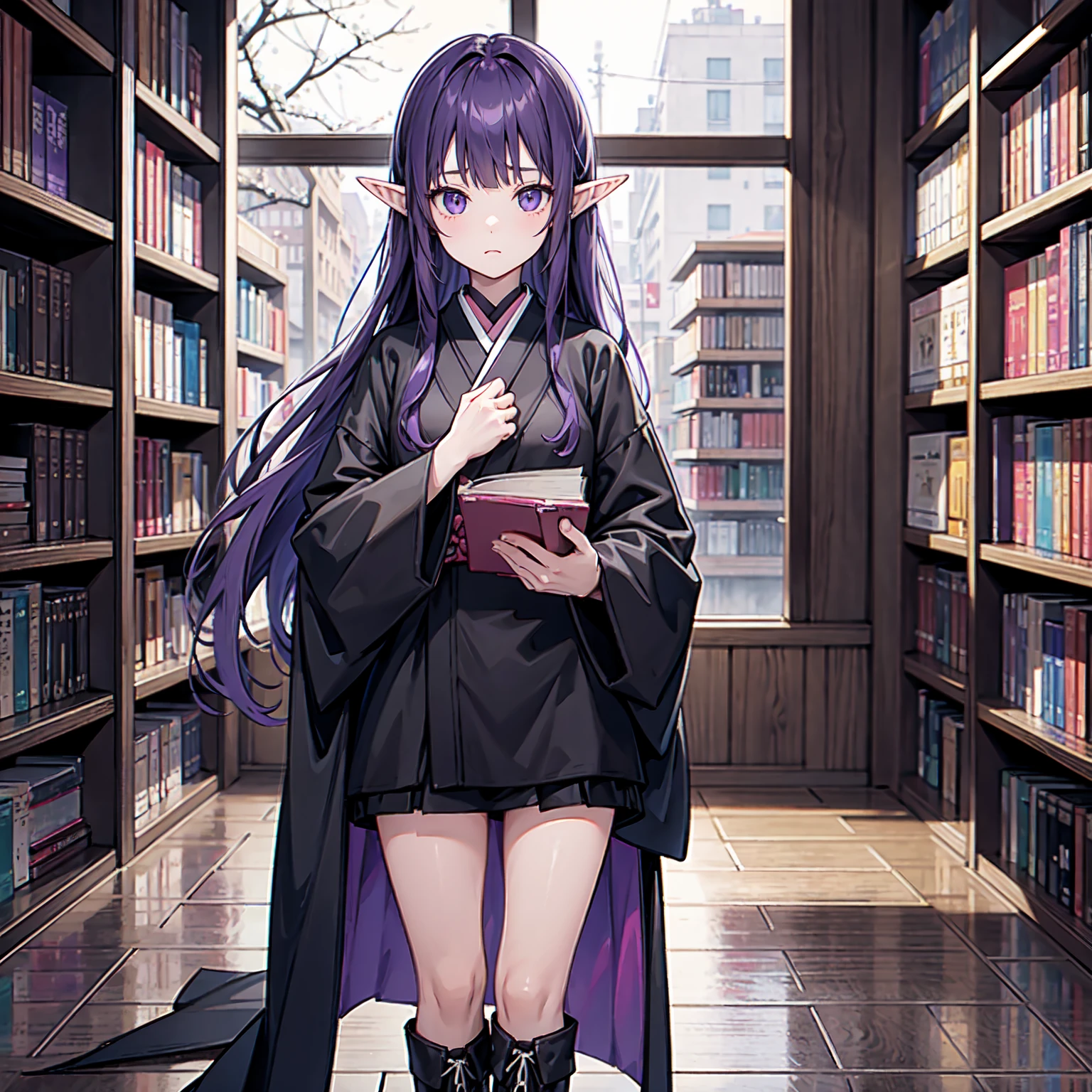 A girl takes a book from a bookshelf. She is fishing through the bookshelf. Which book shall I choose? Vivid. Nostalgic. Purple hair. A girl with long purple hair. Pointy elf ears. Her clothes are simple: a black robe with wide sleeves and a black miniskirt. Her knees stick out. V-shaped white inserts on the front like a kimono. Black boots. Standing figure. Background: heavy rain outside window at night, library, no other people. Unoccupied, dilapidated library. Lots of bookshelves lined up. Outside, night, rain.