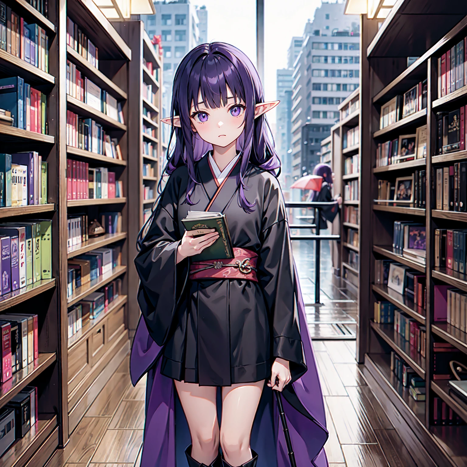 A girl takes a book from a bookshelf. She is fishing through the bookshelf. Which book shall I choose? Vivid. Nostalgic. Purple hair. A girl with long purple hair. Pointy elf ears. Her clothes are simple: a black robe with wide sleeves and a black miniskirt. Her knees stick out. V-shaped white inserts on the front like a kimono. Black boots. Standing figure. Background: heavy rain outside window at night, library, no other people. Unoccupied, dilapidated library. Lots of bookshelves lined up. Outside, night, rain.