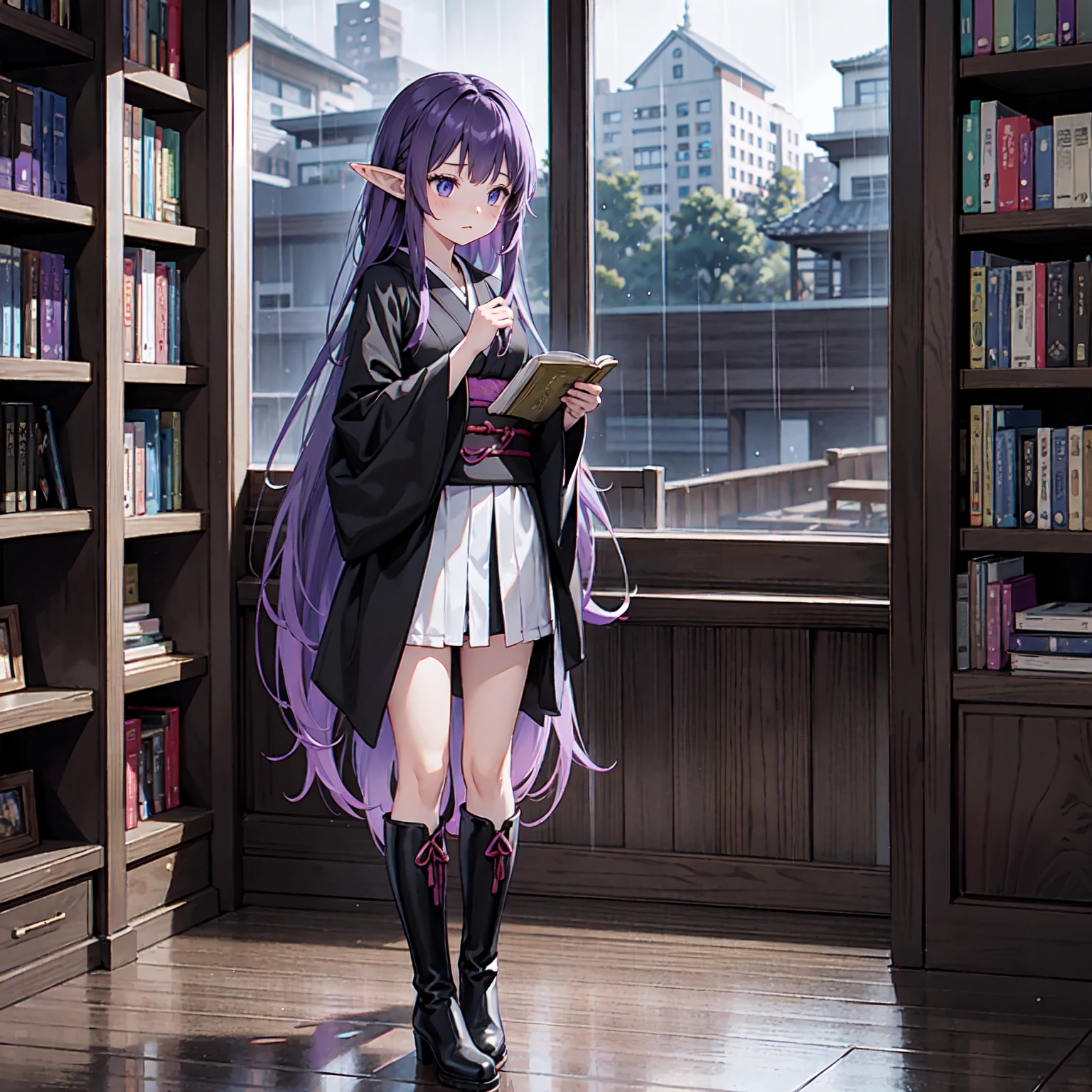 A girl takes a book from a bookshelf. She is fishing through the bookshelf. Which book shall I choose? Vivid. Nostalgic. Purple hair. A girl with long purple hair. Pointy elf ears. Her clothes are simple: a black robe with wide sleeves and a black miniskirt. Her knees stick out. V-shaped white inserts on the front like a kimono. Black boots. Standing figure. Background: heavy rain outside window at night, library, no other people. Unoccupied, dilapidated library. Lots of bookshelves lined up. Outside, night, rain.