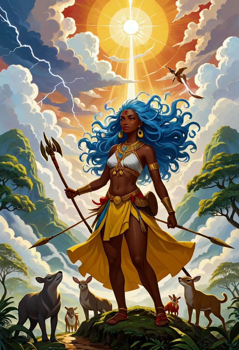 A vibrant and detailed oil painting depicting the journey of the orishas from Orum to Aiê. At the top, an ethereal and luminous sky, with swirling clouds and golden sunbeams, from which majestic figures representing the orixás emerge: I hope, dressed in white and holding a staff; iemanjá, with her long blue hair and a baby in her hands; Shango, wielding an axe and surrounded by lightning; Oxóssi, with his bow and arrow and accompanied by forest animals; and Ogun, with his sword and armor, making way. A luminous trail connects heaven to earth, where a lush landscape with forests stretches, rivers, mountains and a cozy village. on Earth, people of different ethnicities celebrate the arrival of the orishas with drums, dances and offerings. The image must convey the grandeur of the journey of the orixás, its connection with nature and its importance for humanity. Use vibrant and contrasting colors, como azul, Unripe, yellow, red and white. The composition must be balanced and dynamic, focusing on the orixás and their interaction with the earthly world.