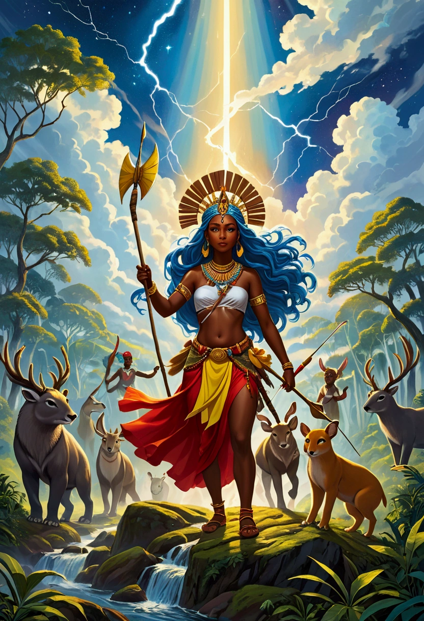 A vibrant and detailed oil painting depicting the journey of the orishas from Orum to Aiê. At the top, an ethereal and luminous sky, with swirling clouds and golden sunbeams, from which majestic figures representing the orixás emerge: I hope, dressed in white and holding a staff; iemanjá, with her long blue hair and a baby in her hands; Shango, wielding an axe and surrounded by lightning; Oxóssi, with his bow and arrow and accompanied by forest animals; and Ogun, with his sword and armor, making way. A luminous trail connects heaven to earth, where a lush landscape with forests stretches, rivers, mountains and a cozy village. on Earth, people of different ethnicities celebrate the arrival of the orishas with drums, dances and offerings. The image must convey the grandeur of the journey of the orixás, its connection with nature and its importance for humanity. Use vibrant and contrasting colors, como azul, Unripe, yellow, red and white. The composition must be balanced and dynamic, focusing on the orixás and their interaction with the earthly world.