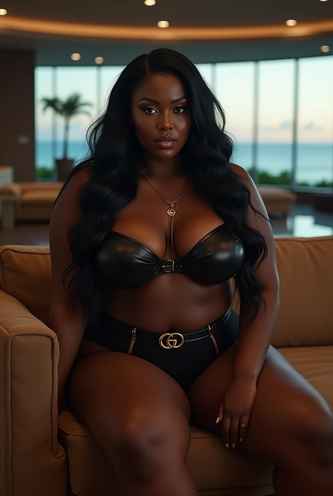 ultra High resolution cyber realistic full portrait of a powerful Dark chocolate brown skinned toned melanin bbw  plus size 
, curvaceous woman long beautiful flowing hair exuding a findom persona exuding with an intense, hypnotic gaze.   long black hair, sitting in a large luxury modern living room, tan furniture, dark lighting, day, panoramic view of Hawaii out of the window, wearing gucci