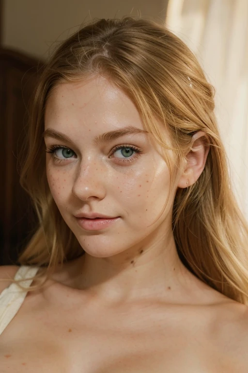 creates a girl of about 2 with European features, blonde with green eyes, freckles and dimples on the cheeks. neither too thin nor too fat. Portrait type photo and as realistic as possible. big breasts and she is in her underwear on her bed marking her vagina