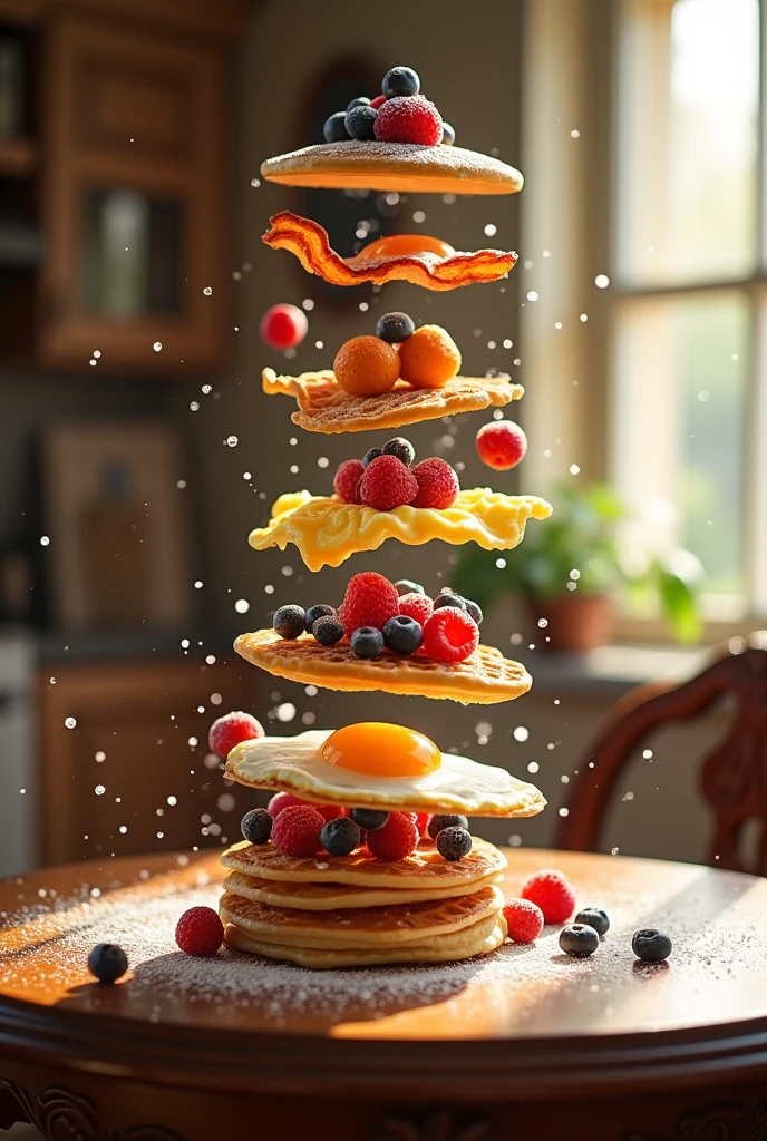 A creative art composition about breakfast where there are different types of breakfast food flying everywhere to land on a nice wooden table. It needs to be creative and it needs to look as realistic as it has to look fake