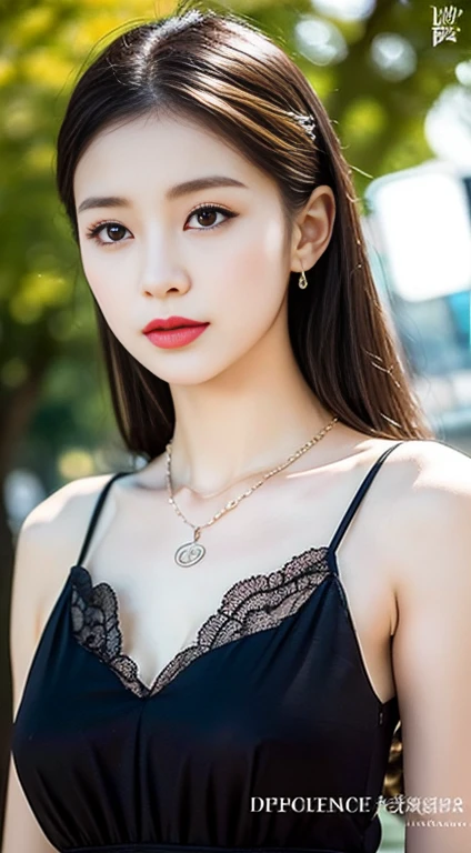 The image is a black and white text that appears to be a description of a necklace. The text is written in a cursive style and is accompanied by a picture of a necklace. The necklace is described as having a "sweetheart" shape, and the text goes on to describe the various details of the necklace, including the lace and the tulle-like fabric. The text also describes the person wearing the necklace, stating that they are also wearing a "delicate" necklace with a "symmetrical" design. The text concludes by suggesting that the background of the image is outdoors, with bare trees.