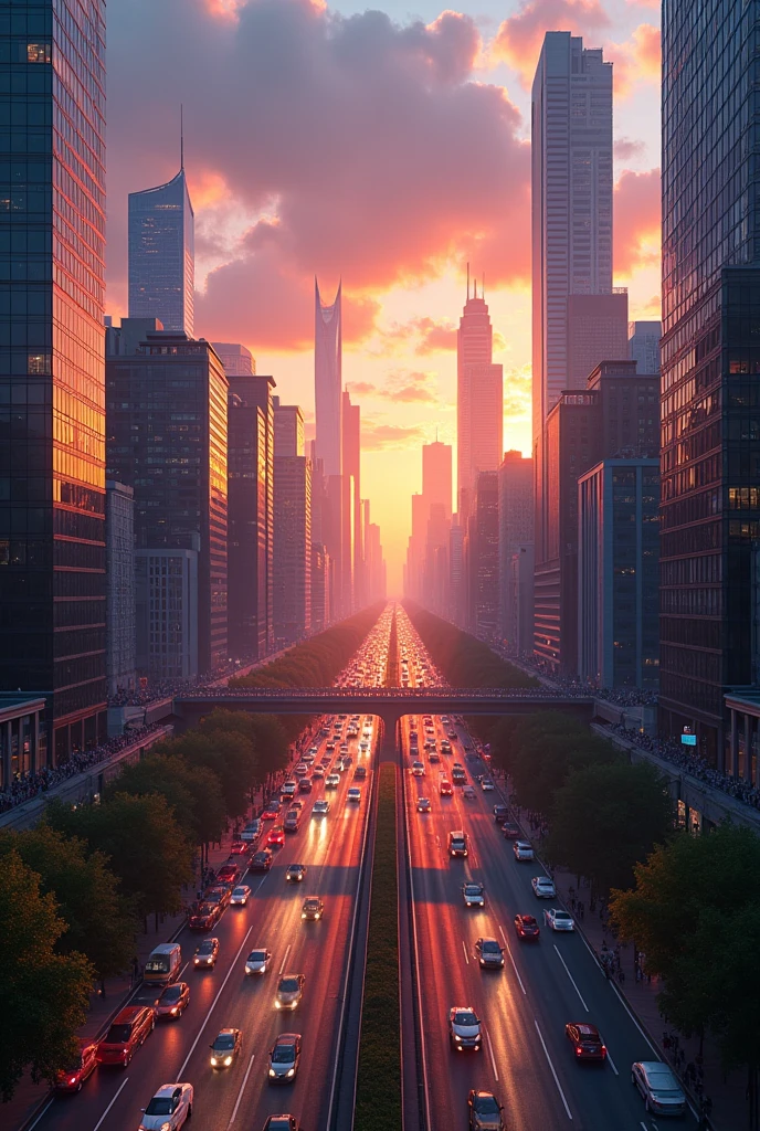 A panoramic view of a bustling modern city skyline at dusk, with skyscrapers glowing in the setting sun. The camera slowly pans over the city as the shadows lengthen. The streets below are busy with people and traffic, conveying the energy of urban life