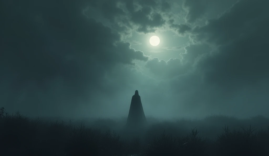 Dark, ominous clouds covering the moon, casting long shadows on the ground as the ghostly figure disappears into the mist.