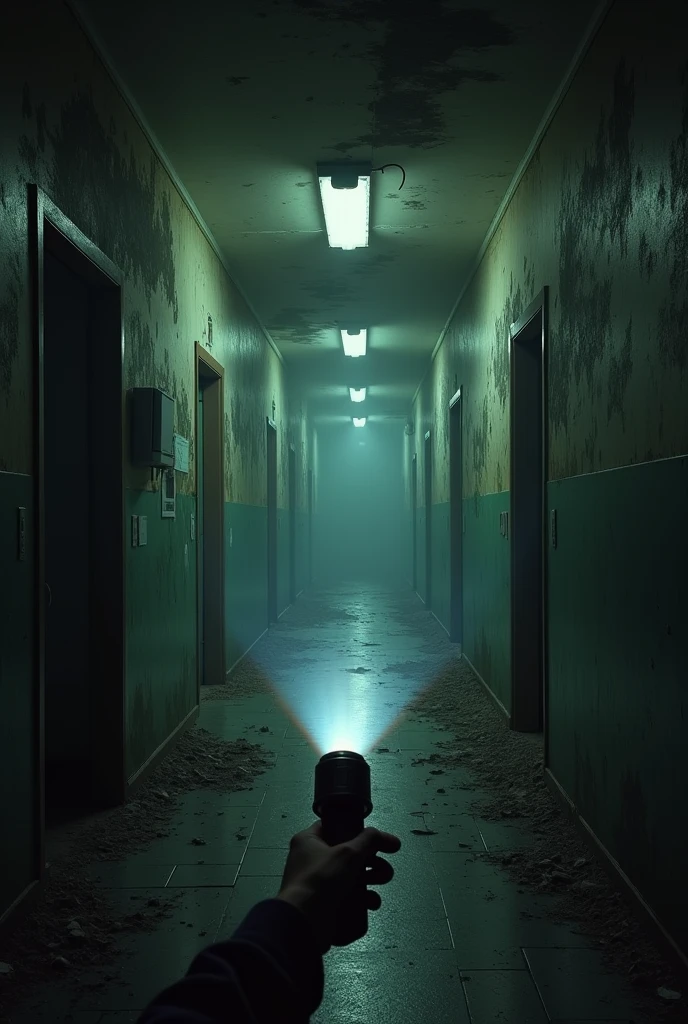 A picture in an old school in a long hallway where everything is old and abandoned and you look from the ego perspective and have a flashlight that shines in the direction of the hallway without people and at the top of the picture is written Lostplace Hunter