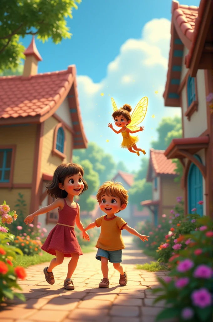 Generate a realistic photo.- Image: A vibrant village scene where children are smiling and playing joyfully. The fairy is hovering above them, and a magical sparkle is spreading happiness throughout the village.