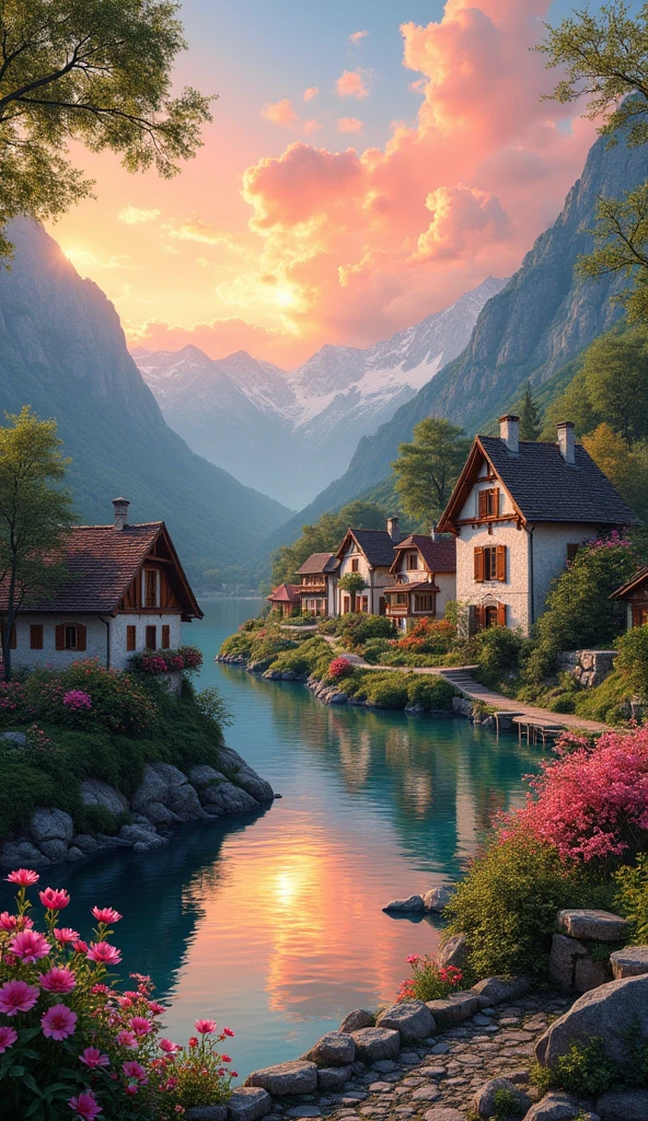 A small village by the river, Mountains in the background, Flowers colorful, Detailed landscape, Beautiful natural landscape, Atmospheric lighting, Scorching sunset, Warm colors, Practical, photoPractical, detailed foliage, Complex Building, cobblestone street, Charming country house, Swirling bright colors, Lush vegetation, Still water reflections, picturesque, Idyllic, artwork, Best quality, 8K, Extremely detailed,Anime Modeling