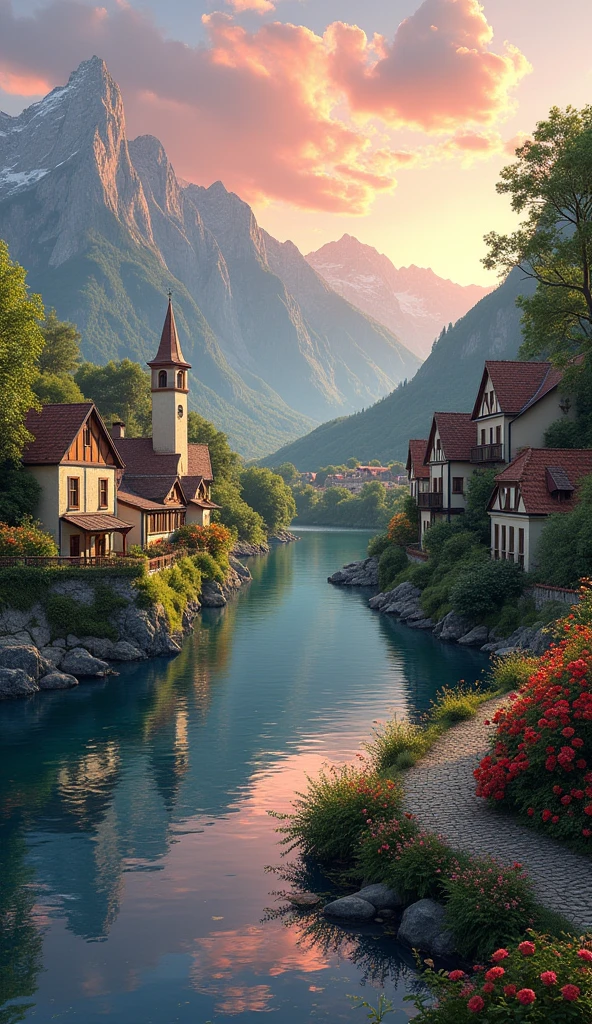 A small village by the river, Mountains in the background, Flowers colorful, Detailed landscape, Beautiful natural landscape, Atmospheric lighting, Scorching sunset, Warm colors, Practical, photoPractical, detailed foliage, Complex Building, cobblestone street, Charming country house, Swirling bright colors, Lush vegetation, Still water reflections, picturesque, Idyllic, artwork, Best quality, 8K, Extremely detailed,Anime Modeling