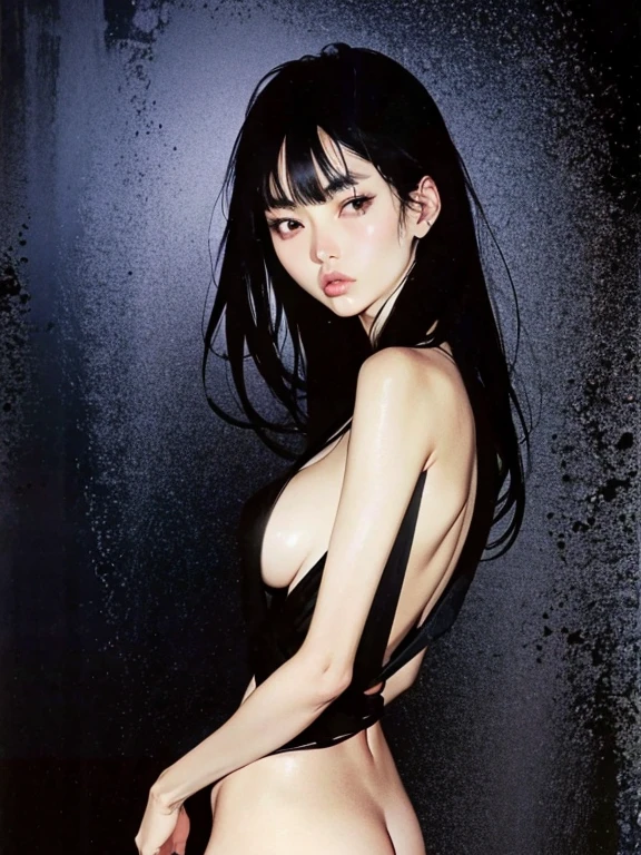 Black Hair、Cold look:1.5、Japanese s、Dark Background、One Cool Lady:1.2、Sharp Eye、night、Sad face、whole photo、NSFW、naked
