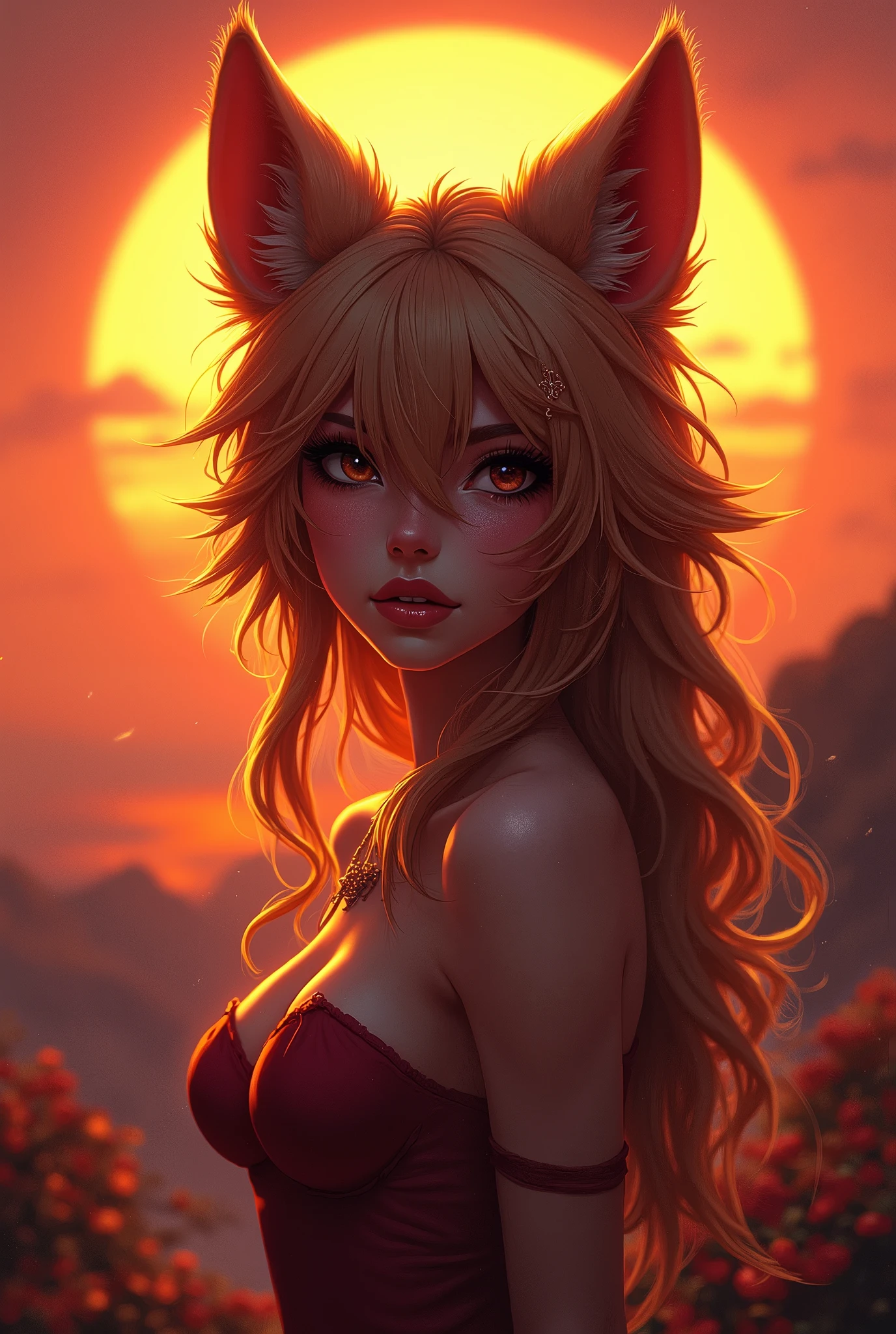sensual gorgeous Fursona girl , colorful vivid, expresive beautiful eyes, with the sun setting in the background. Roxy Paine Loish , Anne Bachelier portrait style,intricate, highly detailed