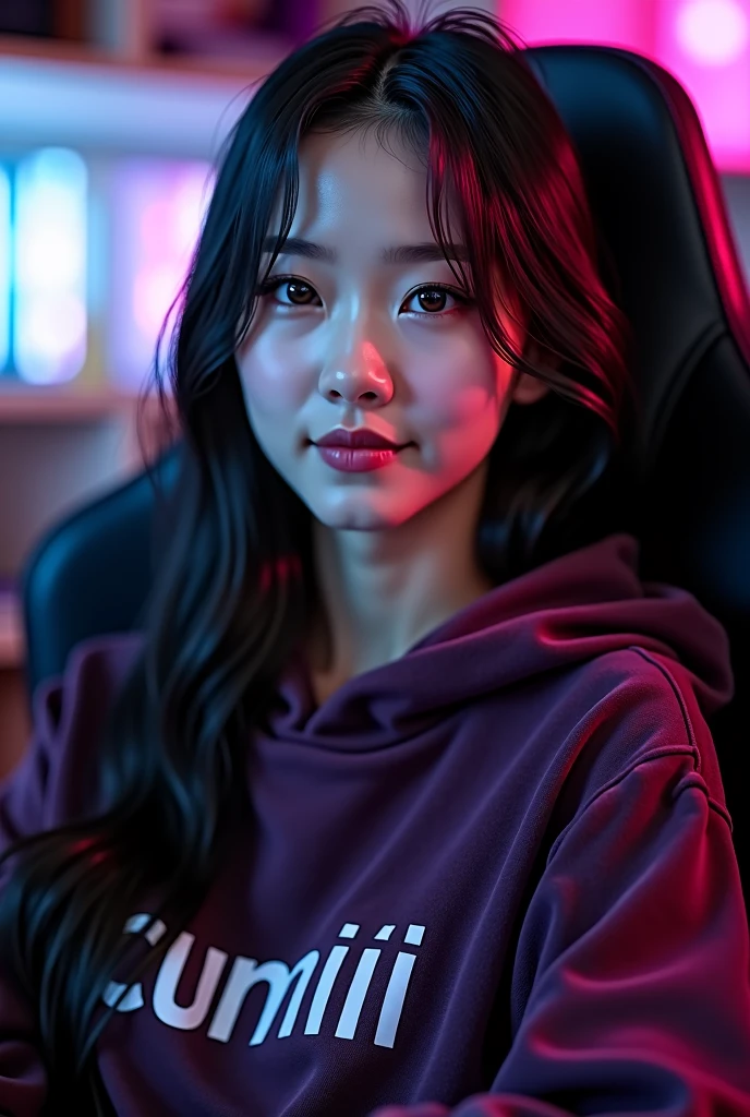 A beautiful white Korean girl sitting on a gaming chair wearing a dark purple polite hoddie with a name on the hoddie " cumiii "